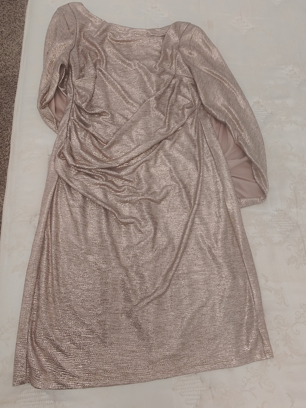 R&M Richards Rose Gold Metallic Long Sleeve Evening Dress